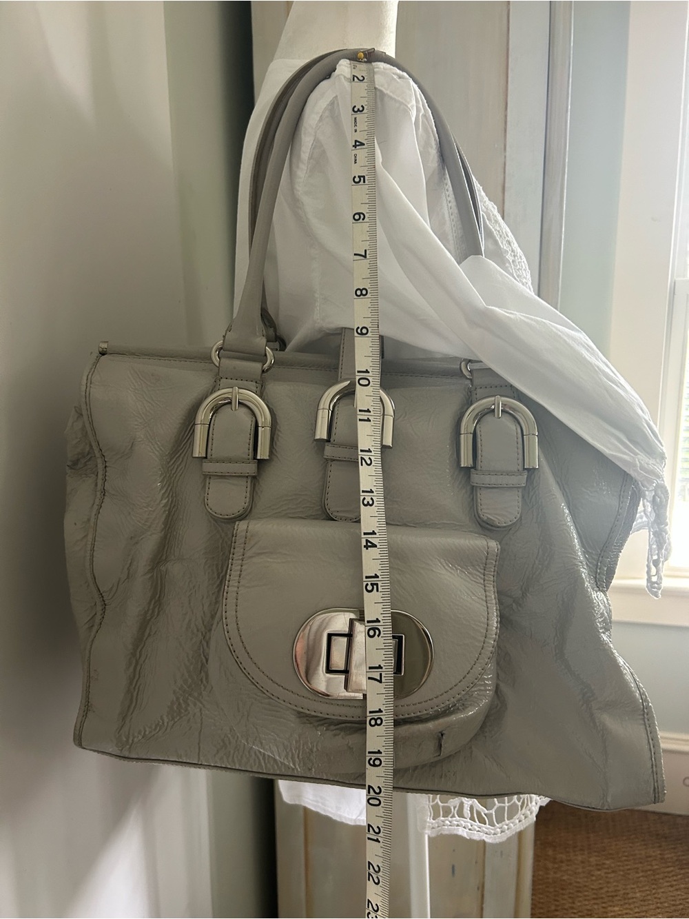 NWOT Large Per Se  Platinum Leather Shoulder Tote Designer Vintage Travel NICE